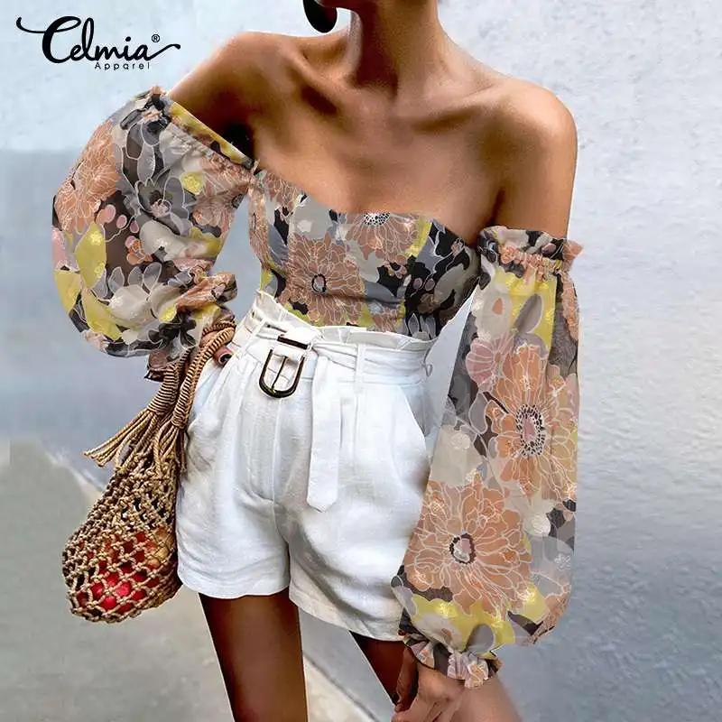 

Celmia Women Sexy Blouses 2022 Fashion Off Shoulder Tunic Tops Bohemian Long Lantern Sleeve Plant Printed Casual Party Blusas