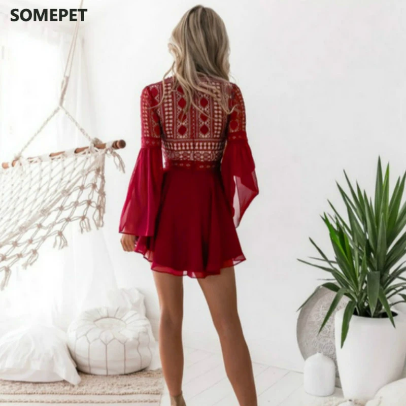 

Dress Women Fashion White Black Hollow Out Lace V-neck Strap Long Sleeve Chiffon Dress Mini Dresses Casual For Elegent Lady