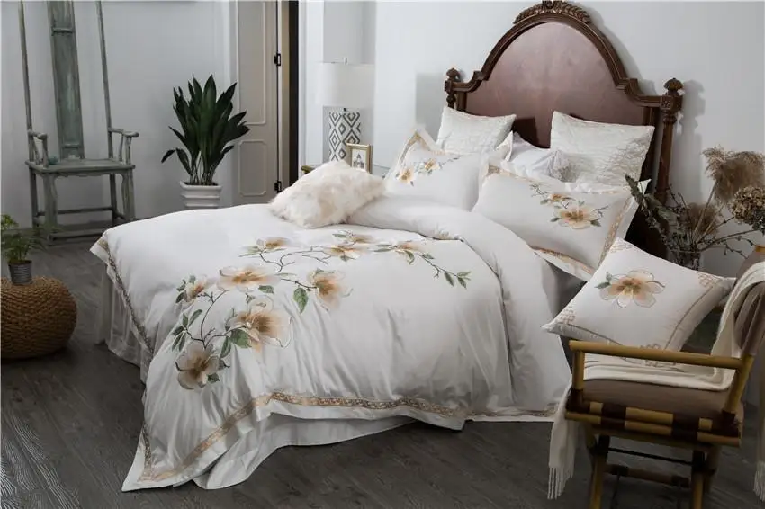

43 4/5Pcs Silky Egyptian Cotton Floral Bedding Sets Queen King size Beige Pink Blue Princess Duvet cover Bed sheets set