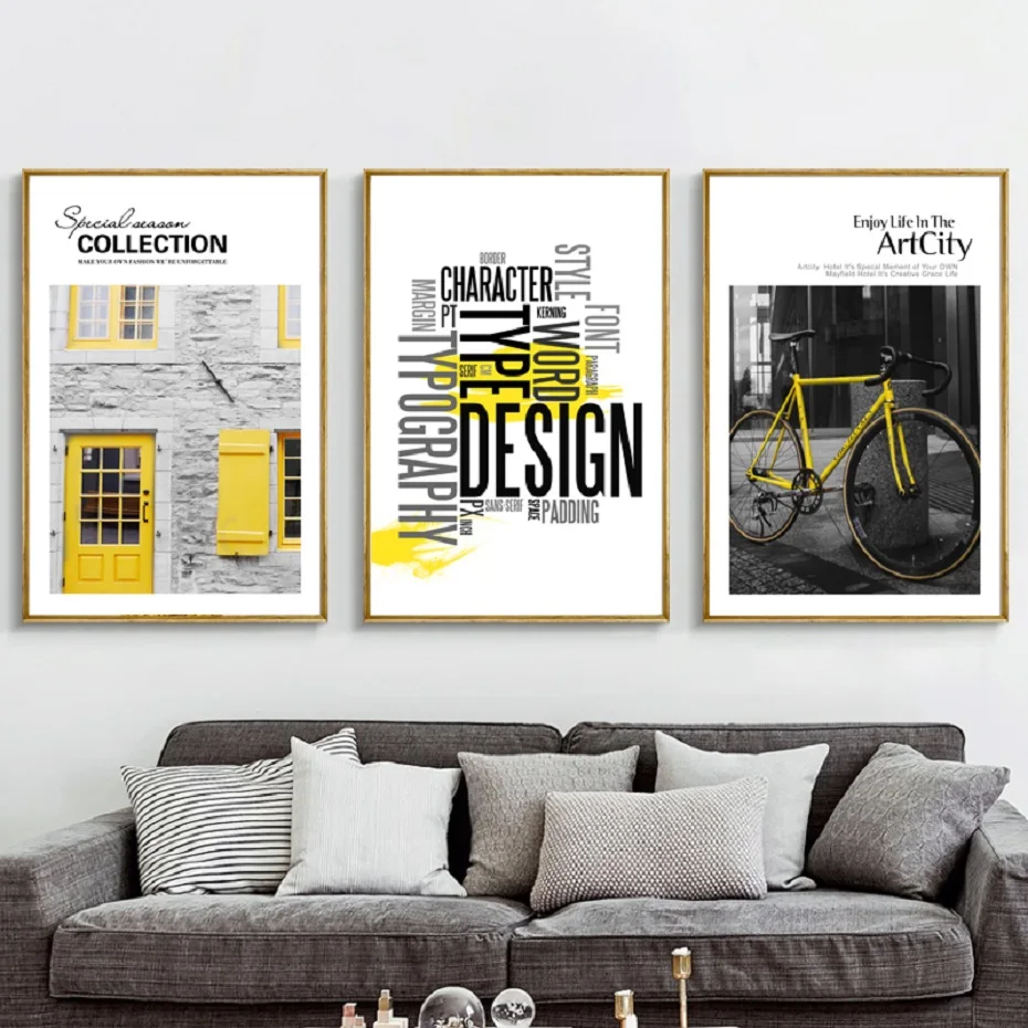 Скандинавский Желтый велосипед черный белый пейзаж уличные двери плакаты и
