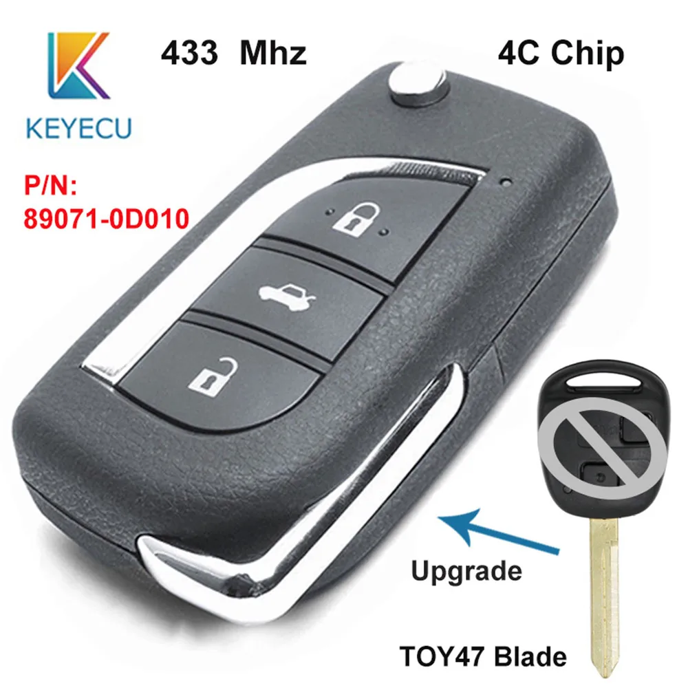 KEYECU Relacement модернизированный дистанционный брелок 3 кнопки 433 мгц 4C чип TOY47 лезвие для Toyota Yaris Avensis P/N: 89071-0D010