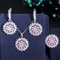 cwwzircons chic beautiful pink cubic zirconia stone hoop earring pendant necklace ring sets women party jewelry acceossries t427