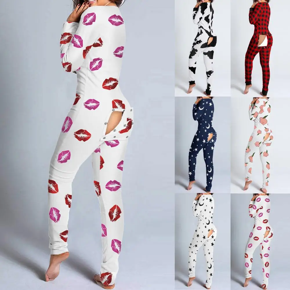 

Women Pajamas Star Plaid Print Bodycon Long Romper Jumpsuit Pijamas Sexy Button Open Butt Functional Pyjama Femme Sleepwear