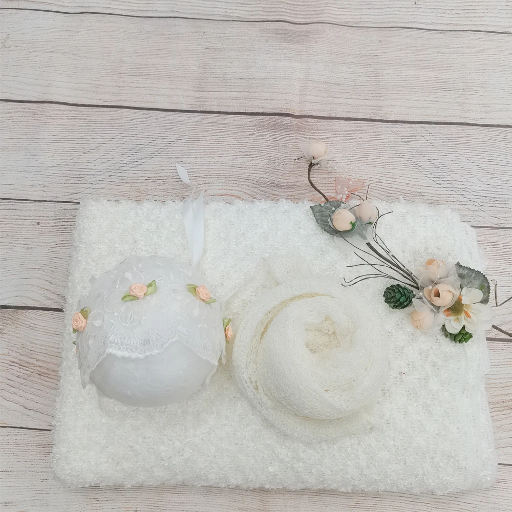 

3PCS/Lot Soft Photo Shoot Accessories 150x100CM Fabric,140x30CM Knit Wrap with Floral Bonnet for Newborn Baby Photography Props