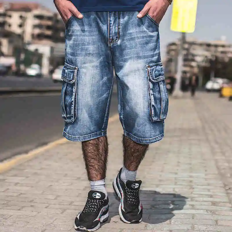 

Mens Hip Hop Cargo Shorts Denim Knee Length Big Men Loose Straight Baggy Jeans Shorts Multi Pockets Design Plus Size 40 42 44 46