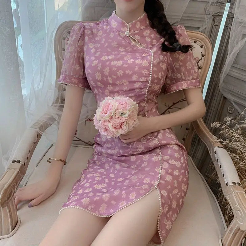 Женский чонсам платье с цветочным принтом короткий рукав половинная водолазка