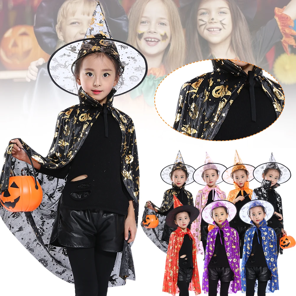 

80cm Halloween Costumes Wizard Witch Cloak with Hat Set for Kids Halloween Props for Role Play Cosplay Party