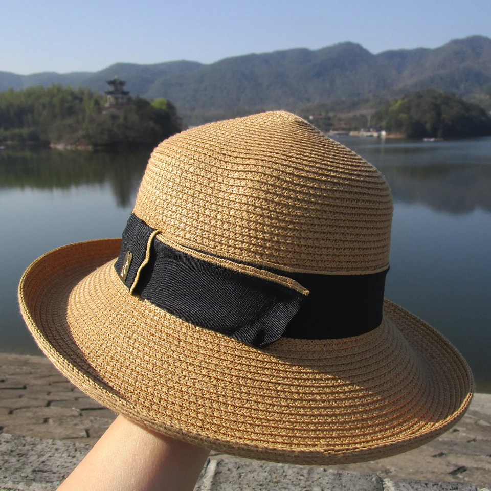 Шляпа Соломенная женская Пляжная с черным ремнем и защитой от УФ-лучей цвет хаки