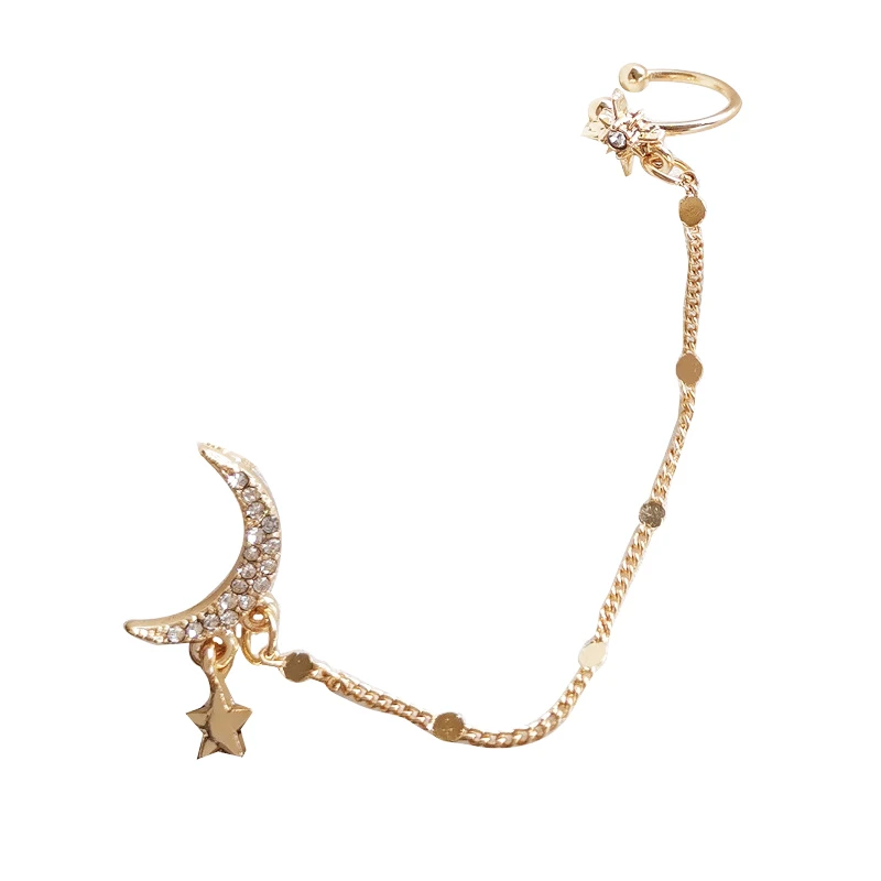

1PC Temperament Rhinestone Sun Star Moon One-piece Ear Clip Earrings Gold Ladies Chain Earrings Jewelry Wholesale