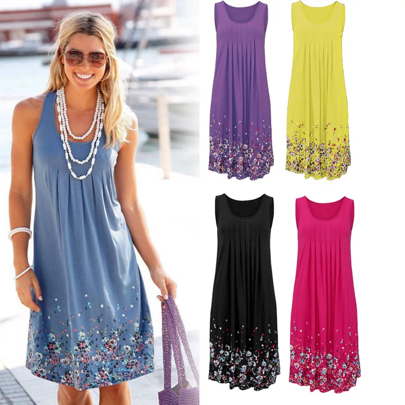 Женское плиссированное платье без рукавов повседневное свободное пляжное