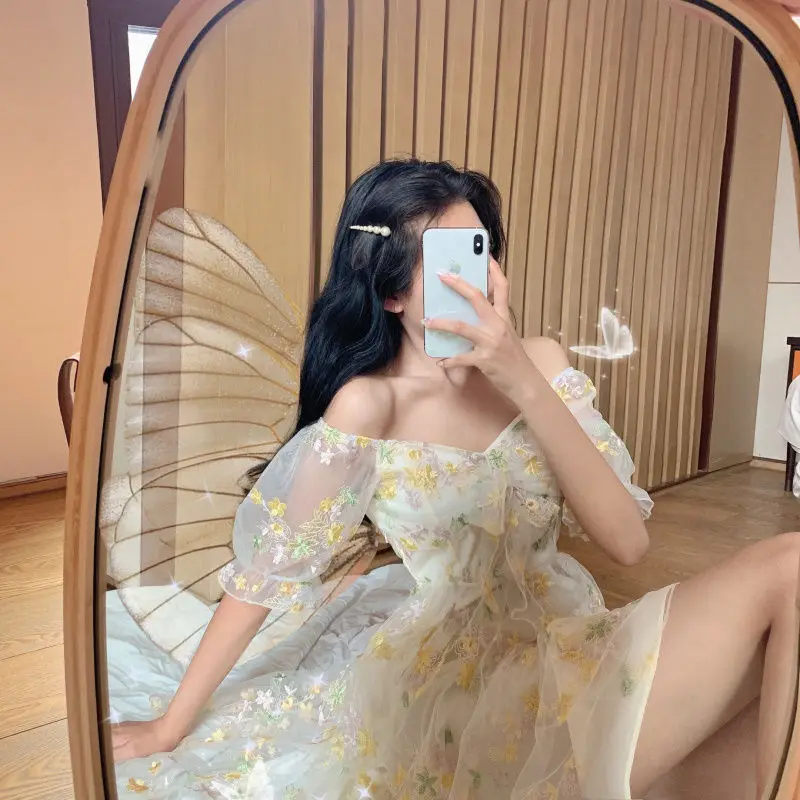 

2021 French Floral Print Women Dress Exy Puff Sleeve Lace Chiffon Print Mini Dress Women Summer Korean Style Vintage Fairy Dress