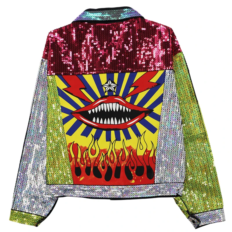 

Heavy Work Sequined Denim Jacket Color Block Harajuku Hip Hop Jeans Bomber Jackets Red Lips Print Top Long Sleeve Female Outwear