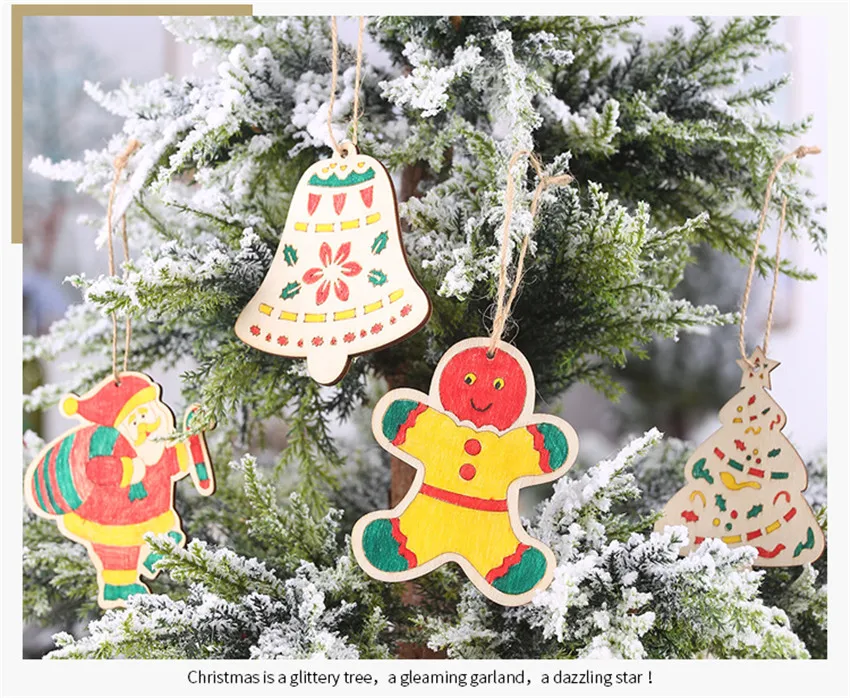 5pcs Wooden Kids DIY Color Painting Christmas Ornaments Cute Santa Claus Graffiti Art Crafts Toys Pendants Xmas Tree Decoration