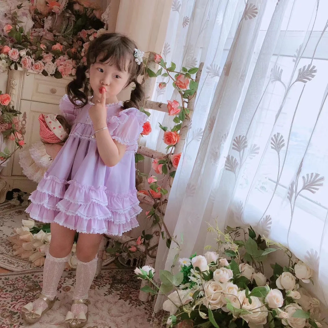 

2PCS Baby Girl Summer Yellow Purple Vintage Doll Spanish Ball Gown Lolita Princess Lace Dress Set for Easter Eid Birthday Casul