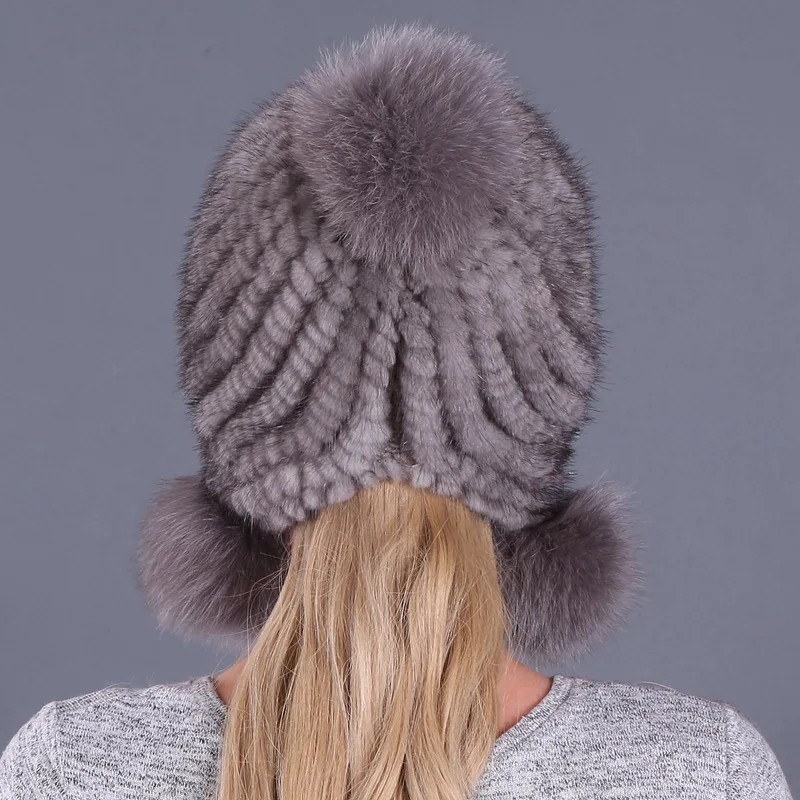 HT3285 Women Winter Hat Thick Warm Real Mink Fur Hat Ladies Snow Ski Earflap Cap Three Fur Pompoms Russian Hat Skullies Beanies