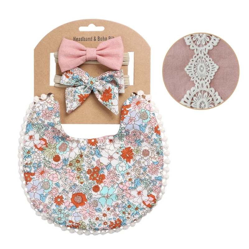 

2 Pcs Baby Headbands+ 1 Pc Tassel Saliva Towel Kit Newborn Floral Print Double Side Bibs Bandana Burp Cloths Feeding Smock Stuff