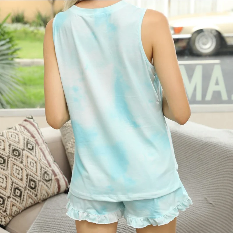 

Casual Leopard Print Pajama Sets Women Nightie Sleepwear Summer Sleeveless Tops Ruffles Hem Shorts Female Pajamas Home Clothes