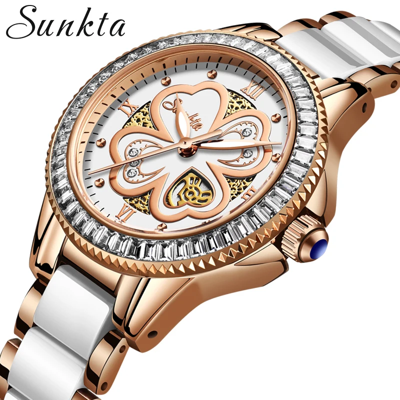 

SUNKTA Women watches Top Brand Luxury Ceramic Watch Women Waterproof Clock Quartz Wristwatch Montre Femme Leisure Sport Watch