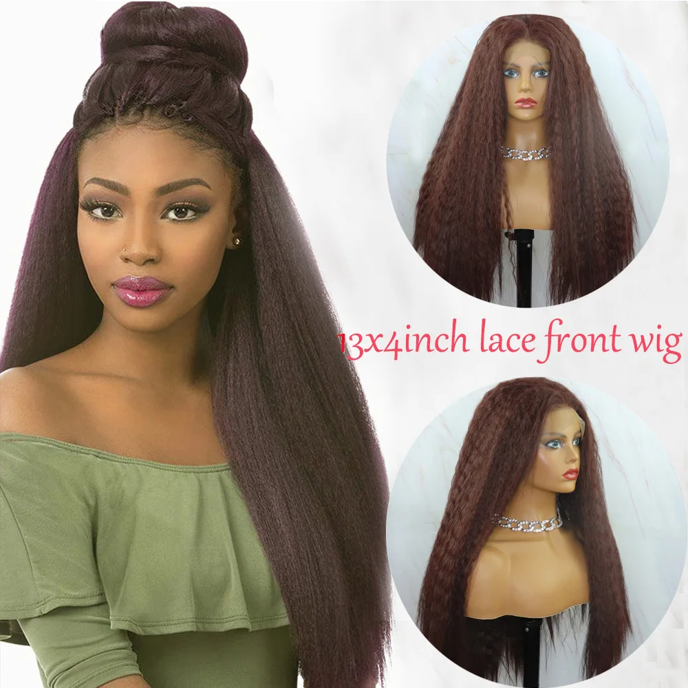 Long Kinky Straight Gluesless Wigs Futura Fiber Hair 13x4inch Heat Resistant Synthetic Lace Front Wigs For Black Women