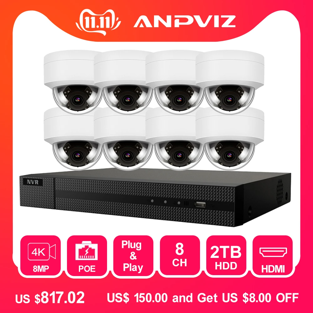 8CH 4K POE NVR Kit Security Camera System 8.0MP IR Indoor/Outdoor CCTV Dome POE IP Camera P2P Video Surveillance Set 2TB HDD