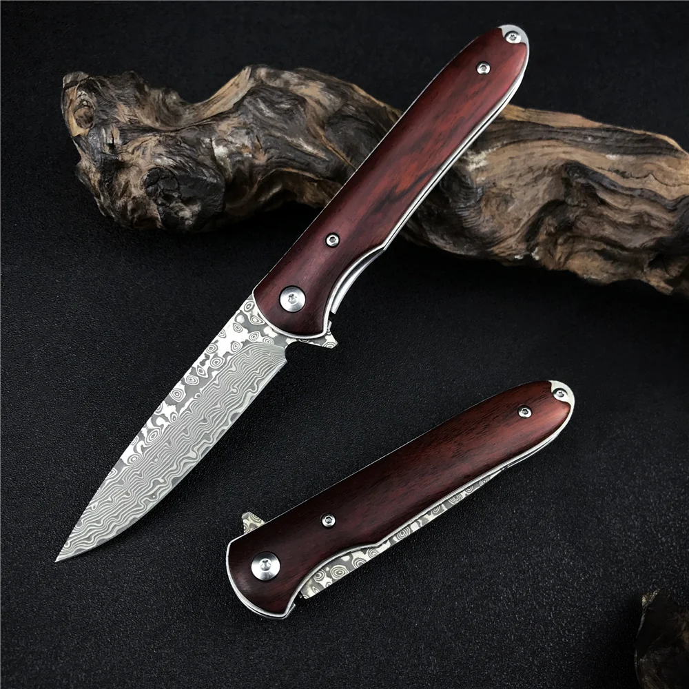 

High Quality Damascus Steel Folding Knife Wooden Handle Camping Survival Knife Outdoor Hunting Knife Cowhide Sheath EDC Tools