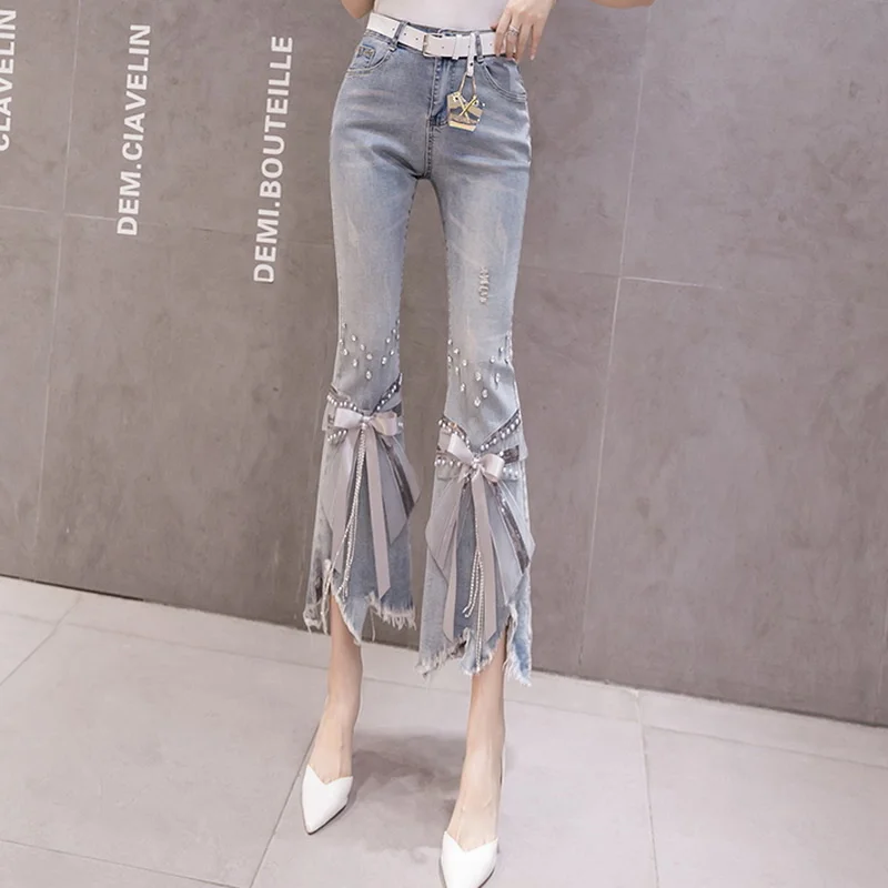 

SHZQ High Waist Jeans Women Ripped Cropped Jeans Women's Spring Summer New Irregular Beaded Bow Flared Denim Pants Ladies Jeans