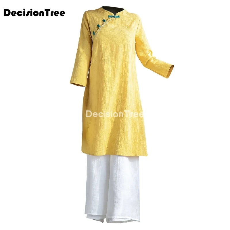 

2021 women linen chinese set vintage qipao retro blouse+pant set fairy tai chi tang suit breathable casual cheongsam suit