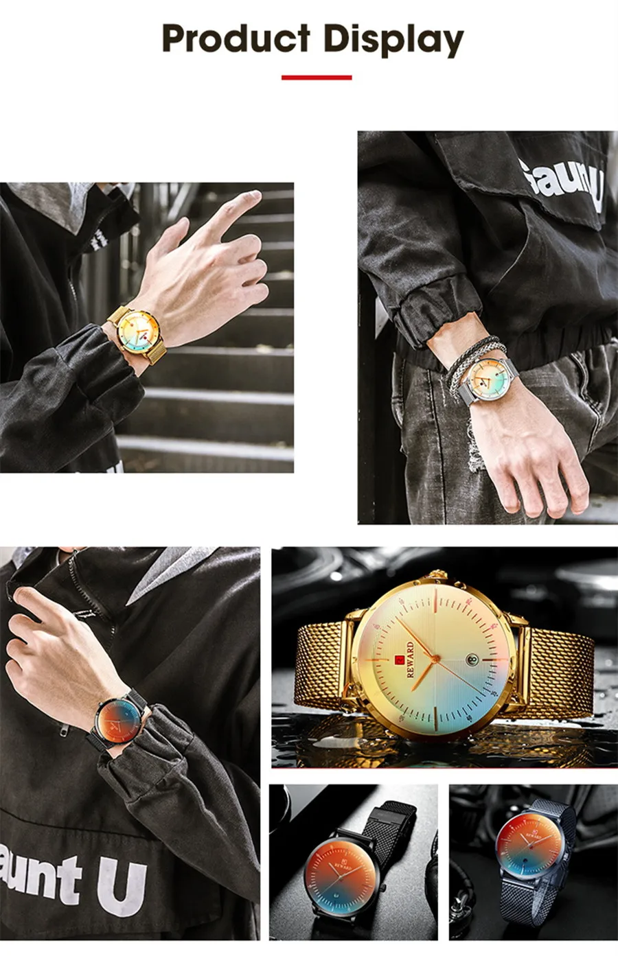 

REWARD Gold Watch Men Luxury Bright Color Glass Mens Waterproof Watches Stainless Steel Watch Calendar Wrist Quartz Watch Clock
