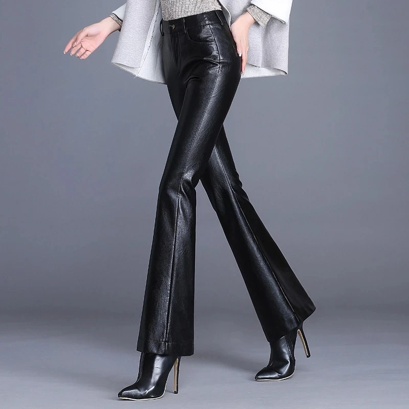 

Faux PU Leather Pants High Waist Black Flare Trousers Slim Grace Style Long Women Clothes Hot Sale Trend Female