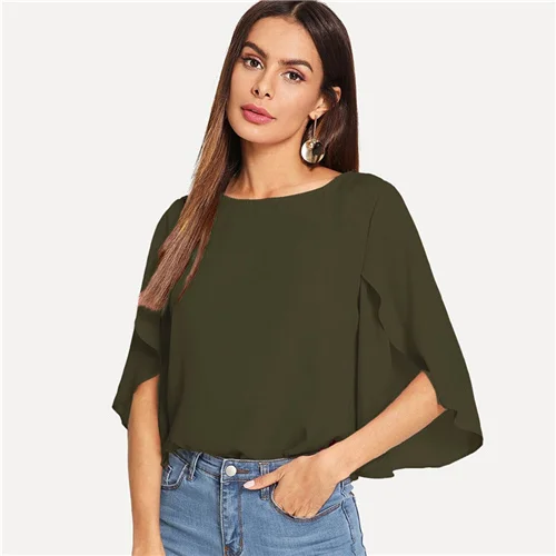Army Green SHEIN Нарядная Одноцветная Блузка С Оригинальным Рукавом Элегантная Осенняя Блузка Для Офиса Современные Женские Топы - Цвет: Army Green