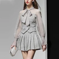 autumn fashion sexy bow bandage design see through long lantern sleeve blouse high waist short pleated skirts two piece suit