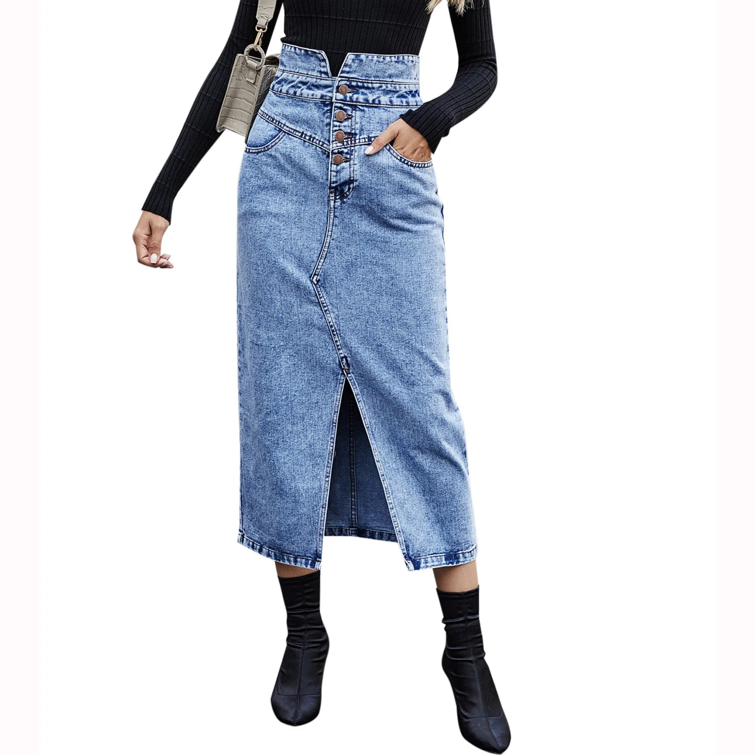 

Button Slit Denim Skirt Midi Length Spring Autumn with Pockets