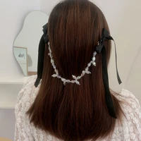 super fairy black bowknot crystal beads hair clips hair chain accessories for women transparent crystal head chain hair jewelry