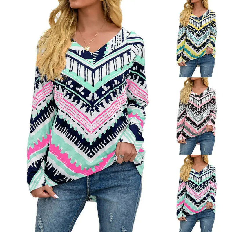 

Женские свободные футболки с V-образным вырезом, праздничная пляжная Модная стильная футболка в стиле ретро с длинным рукавом и принтом в по...