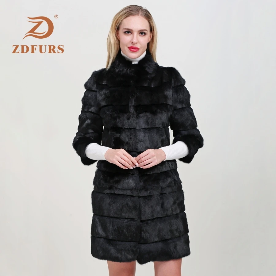 ZDFURS* 2019 New Winter Real Rabbit Fur Jacket Warm Soft Long Fur Coat Women Rabbit Fur Coat Detachable Overcoat Jacket