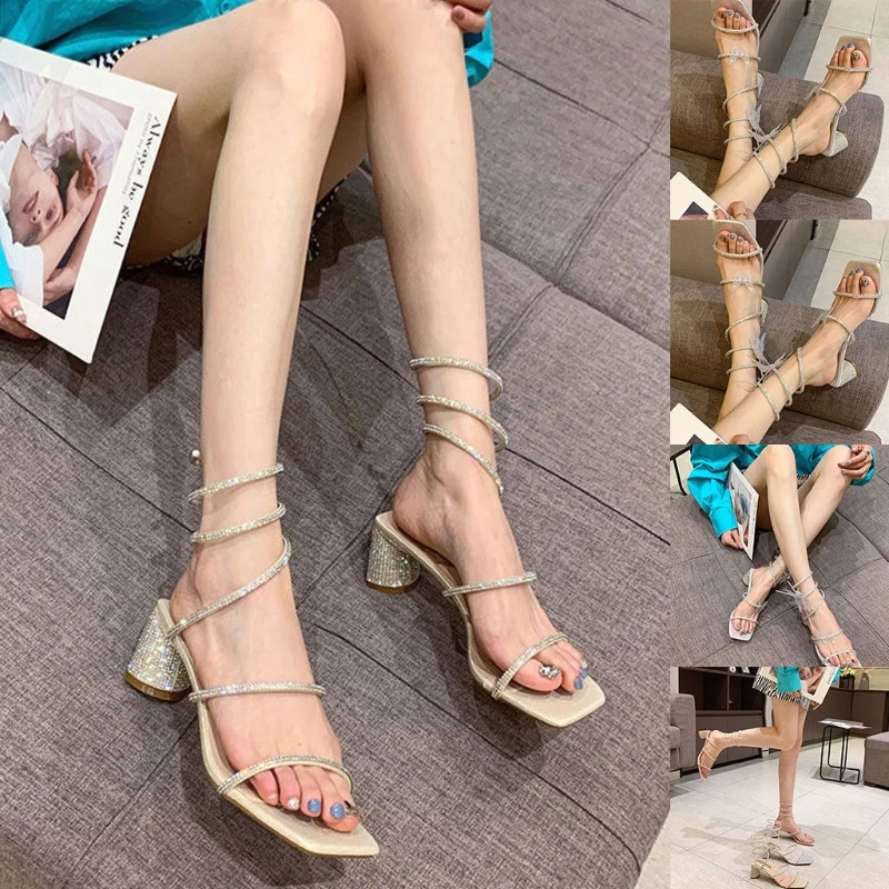 

Womens Square Toe Heeled Sandals Criss Cross Rhinestone Ankle Strap Butterfly Open Toe Chunky Heel Gladiator Slippers