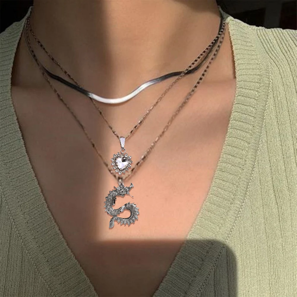

Trendy Crystal Heart Dragon Pendant Necklace For Women Multilayer Gold Silver Color Snake Collares Butterfly Necklaces Jewelry