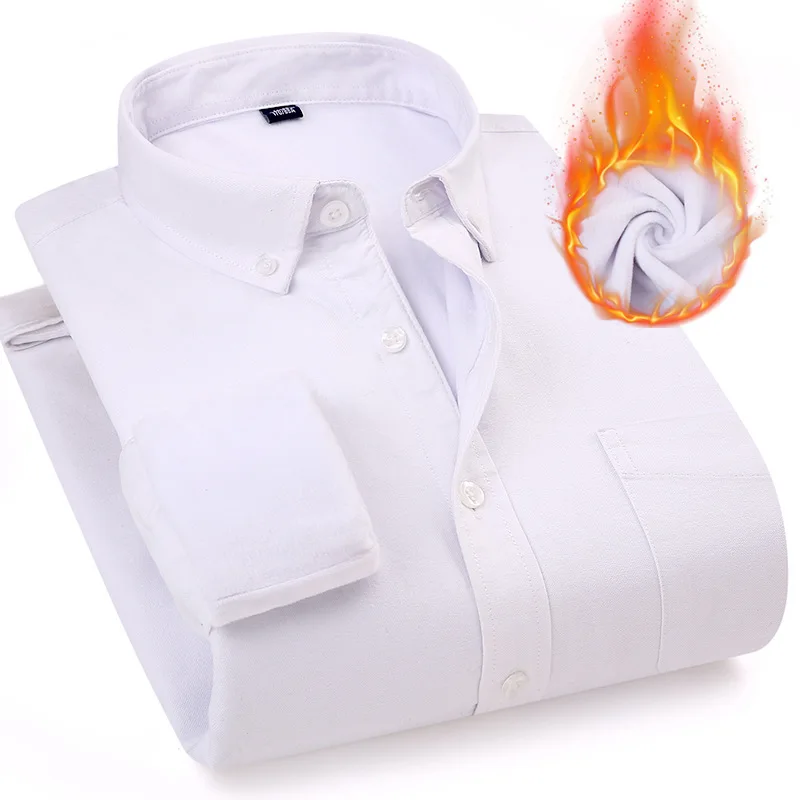 

SolidShirts Mens Business Casual Long Sleeve Men Shirt Oversize Camisas Plus Velvet Chemise Homme Button-Down Thick Warm