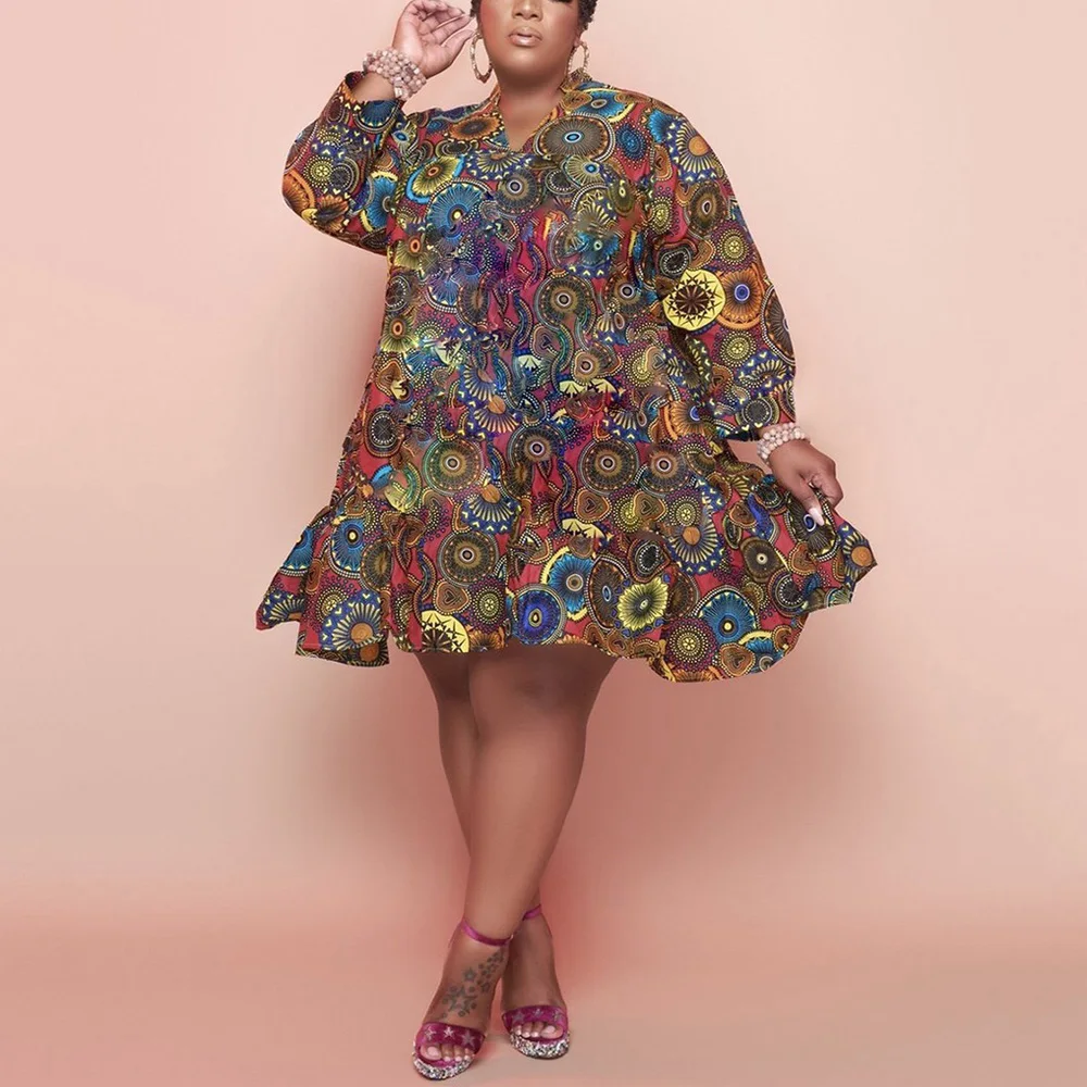 

African Maxi Dress for Women 2021 New Style Full Sleeve Loose Fashion Printed Large Oversized Knee Length Vestidos Mujer Dresses