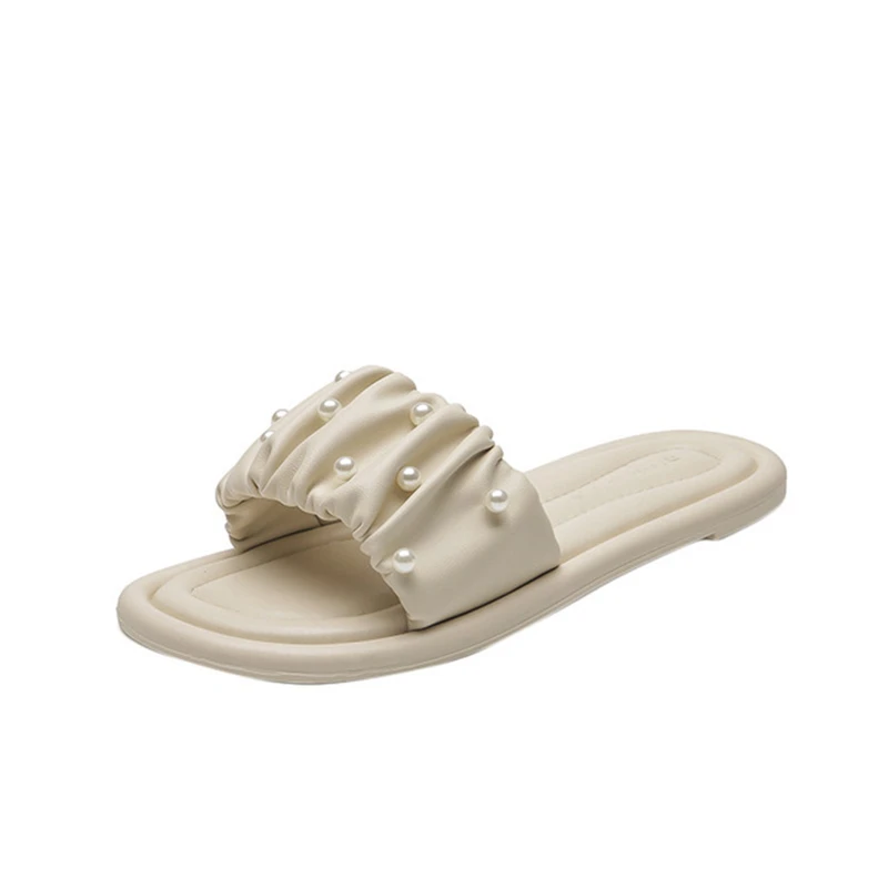 

Women's shoes slippers 2021 summer new pearl fold flat bottom all-match outer wear soft bottom sandals and slippers