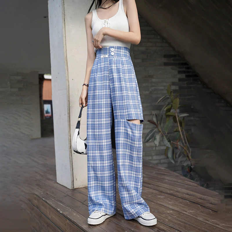 

korean Loose Trend Mop Hole Fried Street Lattice Casual Wide Leg Trousers Spodnie Dresowe Damskie Pantalones Mujer Cintura Alta
