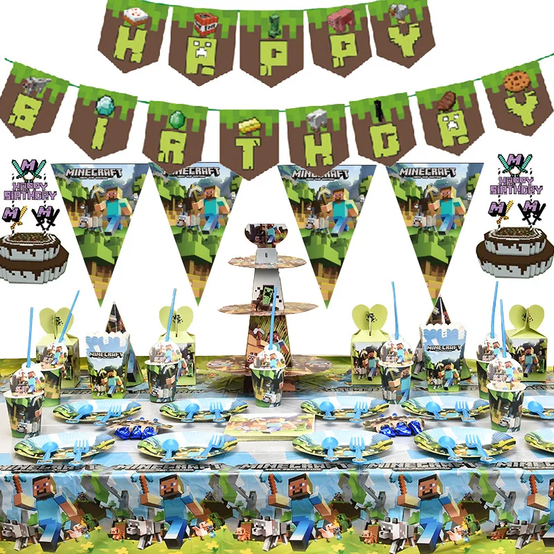 

Mining Pixel Game Plates Tablecloth Baby Shower Birthday Party Decoration Supplies Flags Cups Napkin Disposable Tableware Set