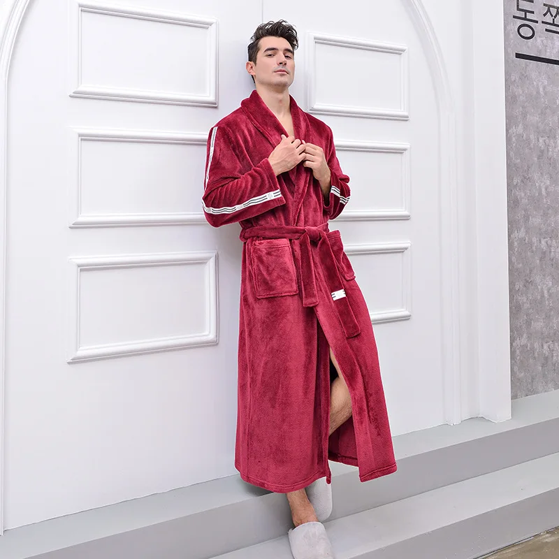 Lapel Red Мужской зимний халат размера плюс, длинный уютный фланелевый Халат, кимоно, теплый банный халат из кораллового флиса, ночной меховой халат, женский халат, одежда для сна - Цвет: Lapel Red