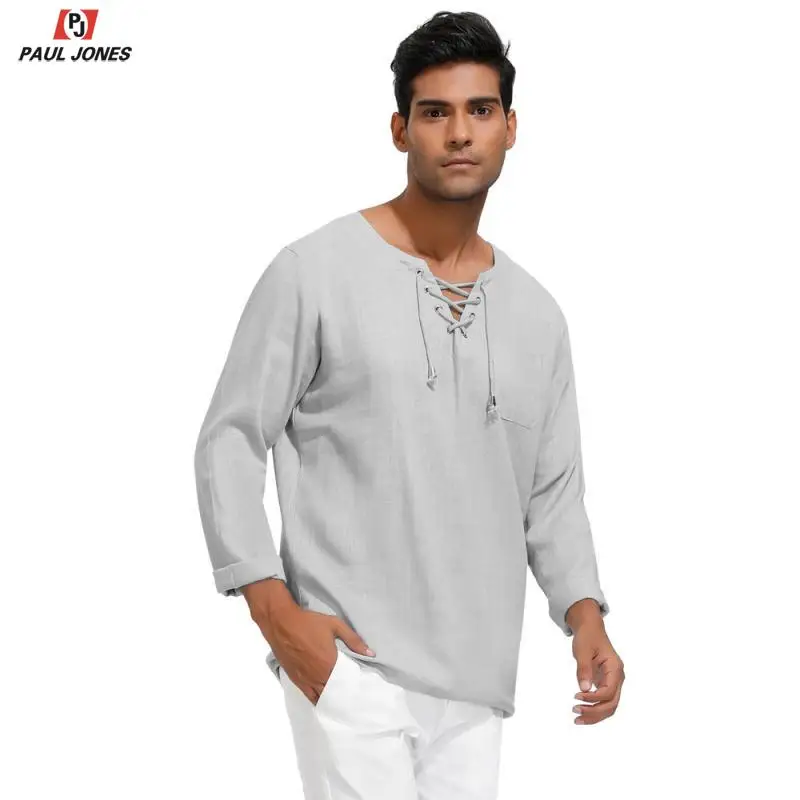 PAUL JONES Мужская рубашка на шнуровке с воротником из вискозы и льна Повседневная