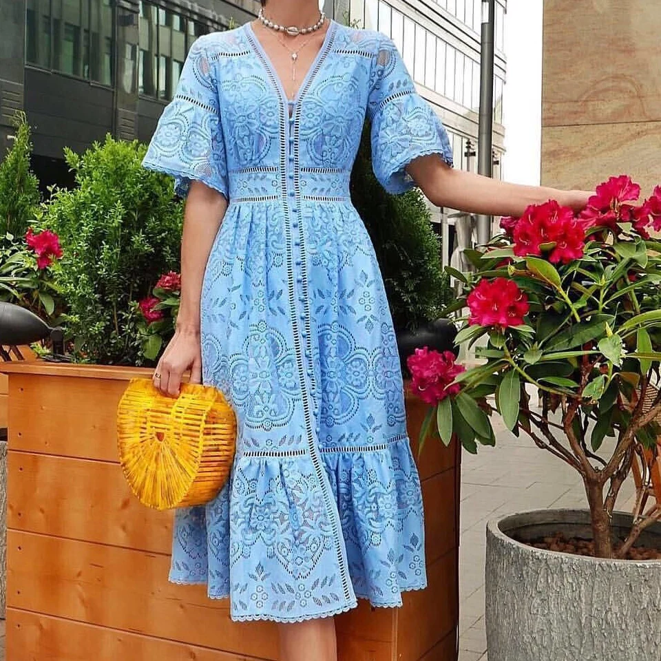 

Tmwevn Summer Women's Vintage Lace Hollow Dress Lace High Quality Lace Elegant Lady Dress
