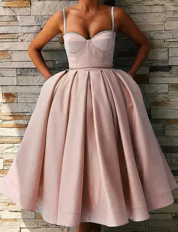 CloverBridal ТРАПЕЦИЕВИДНОЕ атласное платье по колено Бальные платья 2021 с карманами