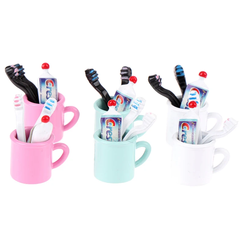 

1/12 Doll House Miniature Mini Mouthwash Cup And Toothpaste Toothbrush Set for Dollhouse Bathroom Furniture Decor 4Pcs/Set