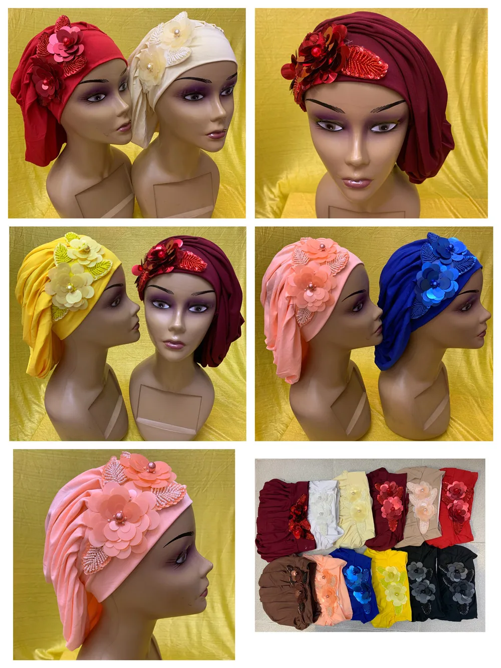 

2021 African HAT Stones Auto Gele Ics Silk Elegant Big Flowers Scarfs Turban Hats Headwrap For Women Evening Party Cap Wear