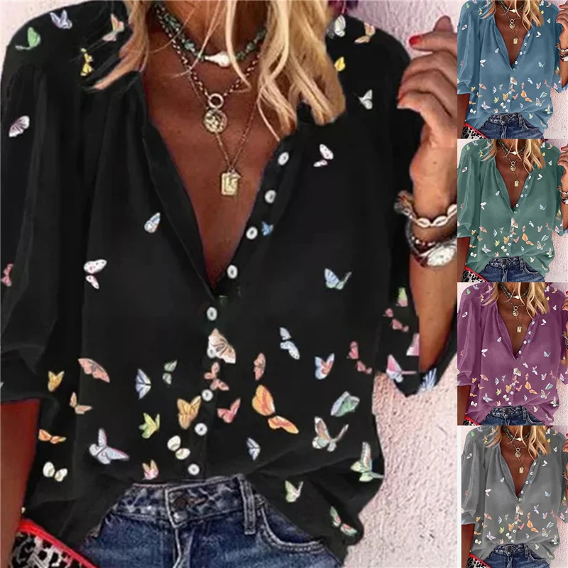 

2021 Summer Tops Women Tops Shirts Ladies Casual V-Neck Long Sleeve Female Top Butterfly Print Buttoned Shirt For Women