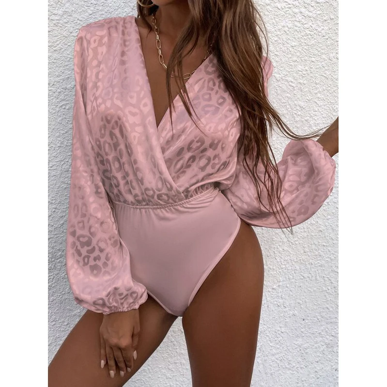 Женское жаккардовое боди с длинными рукавами-фонариками и леопардовым принтом |